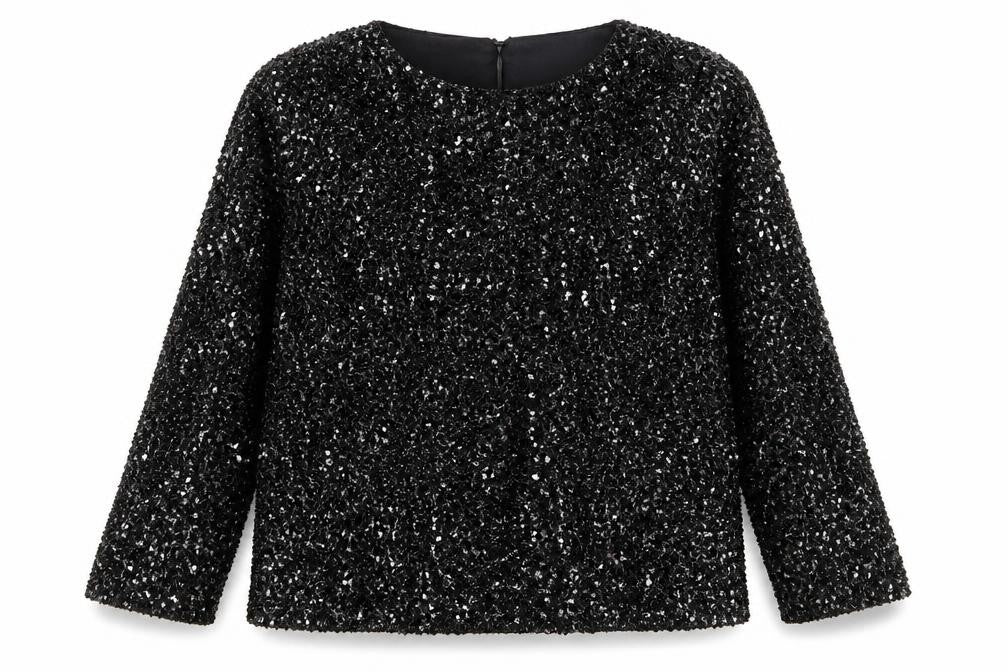 Front view of Marks & Spencer Women’s Black Sequin Blouse, size UK 16, Party Top