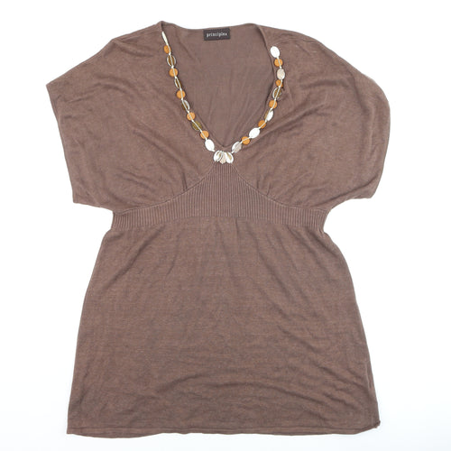 Principles Womens Brown Linen Blend Tunic Top M V-Neck Short Sleeve