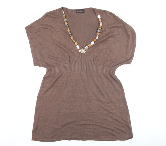 Principles Womens Brown Linen Blend Tunic Top M V-Neck Short Sleeve