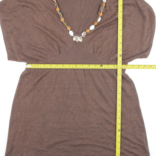 Principles Womens Brown Linen Blend Tunic Top M V-Neck Short Sleeve