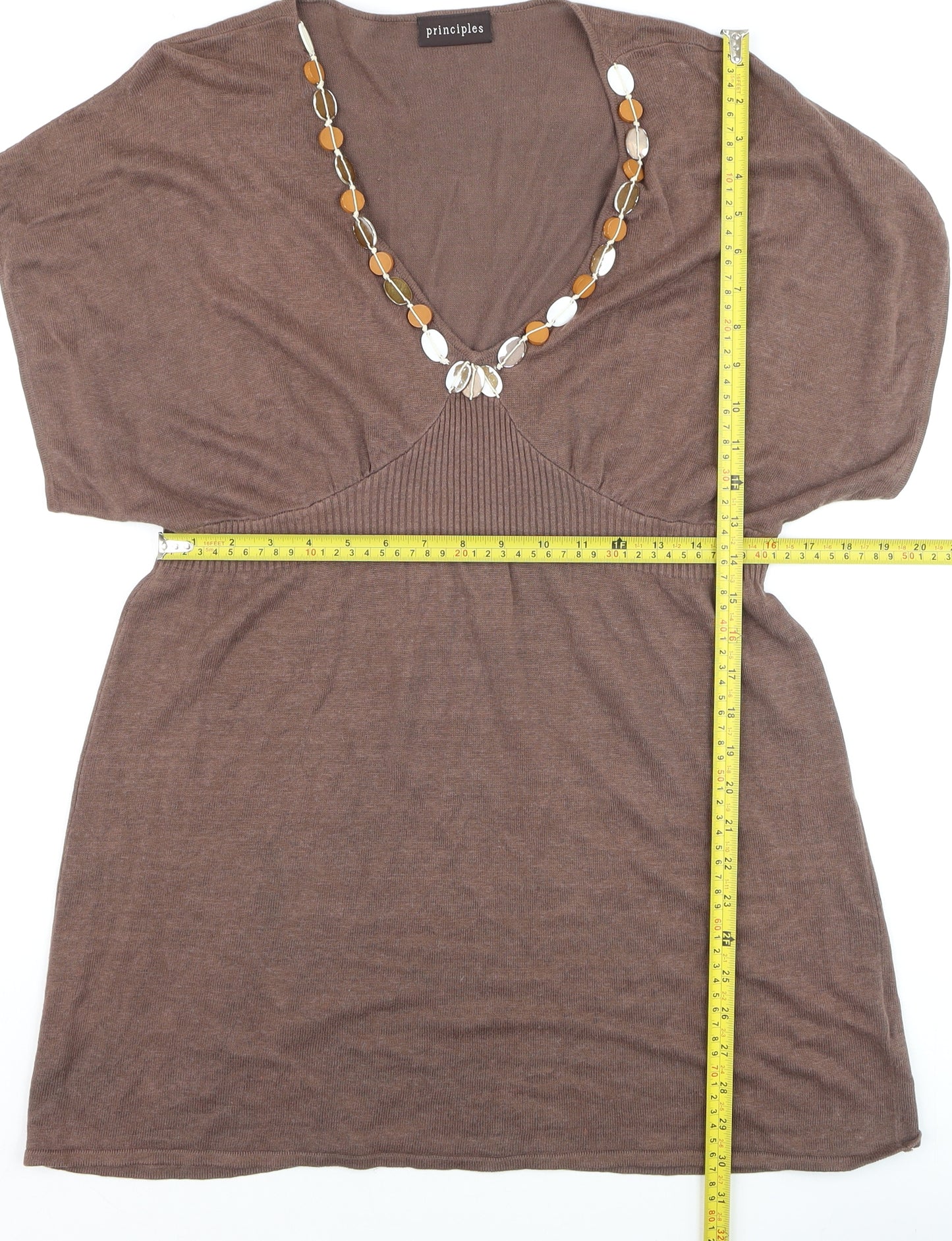 Principles Womens Brown Linen Blend Tunic Top M V-Neck Short Sleeve