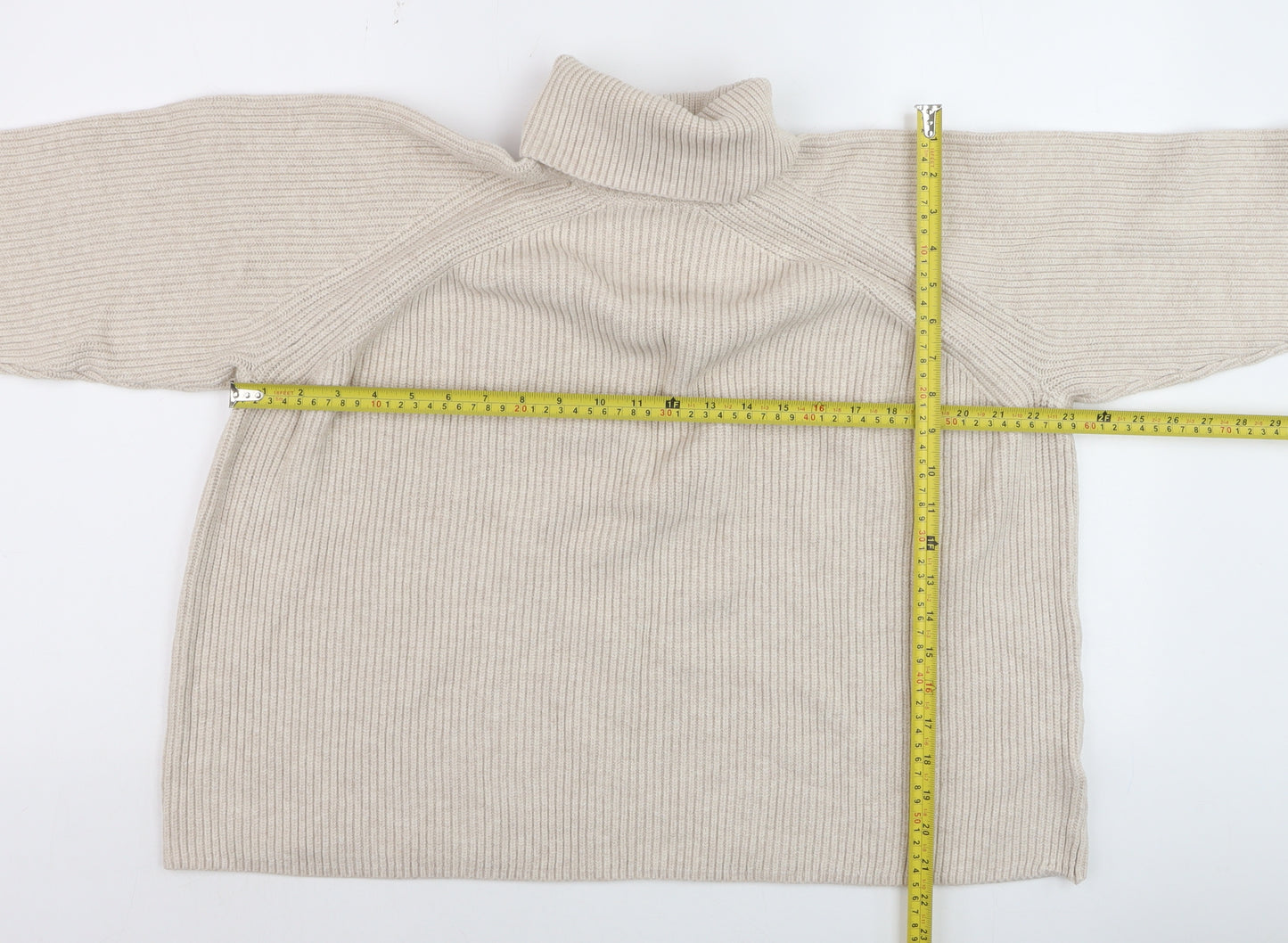 Marks and Spencer Men's Beige Roll Neck Ribbed Knit Jumper L