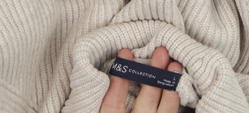 Marks and Spencer Men's Beige Roll Neck Ribbed Knit Jumper L