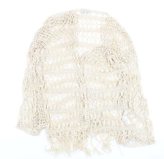 Red Herring Women's Beige Crochet Open Cardigan M Boho Fringe Style