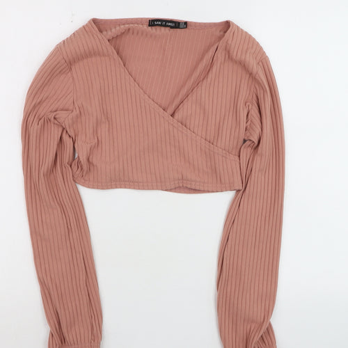I Saw It First Womens Pink Ribbed Cropped V-Neck Long Sleeve Top Size 14