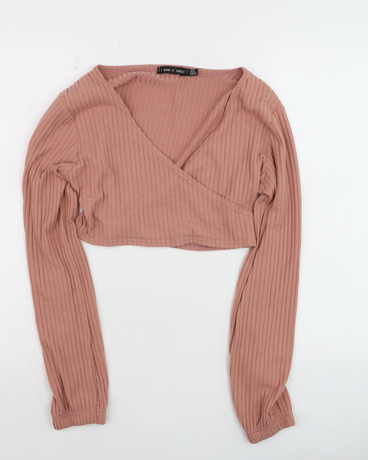 I Saw It First Womens Pink Ribbed Cropped V-Neck Long Sleeve Top Size 14