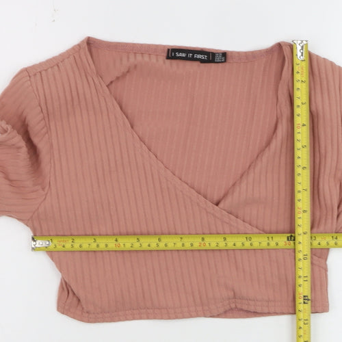 I Saw It First Womens Pink Ribbed Cropped V-Neck Long Sleeve Top Size 14