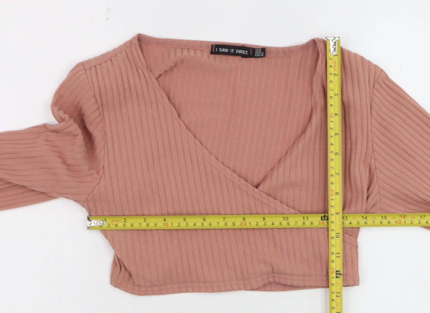 I Saw It First Womens Pink Ribbed Cropped V-Neck Long Sleeve Top Size 14