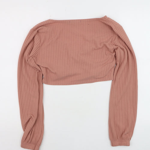I Saw It First Womens Pink Ribbed Cropped V-Neck Long Sleeve Top Size 14