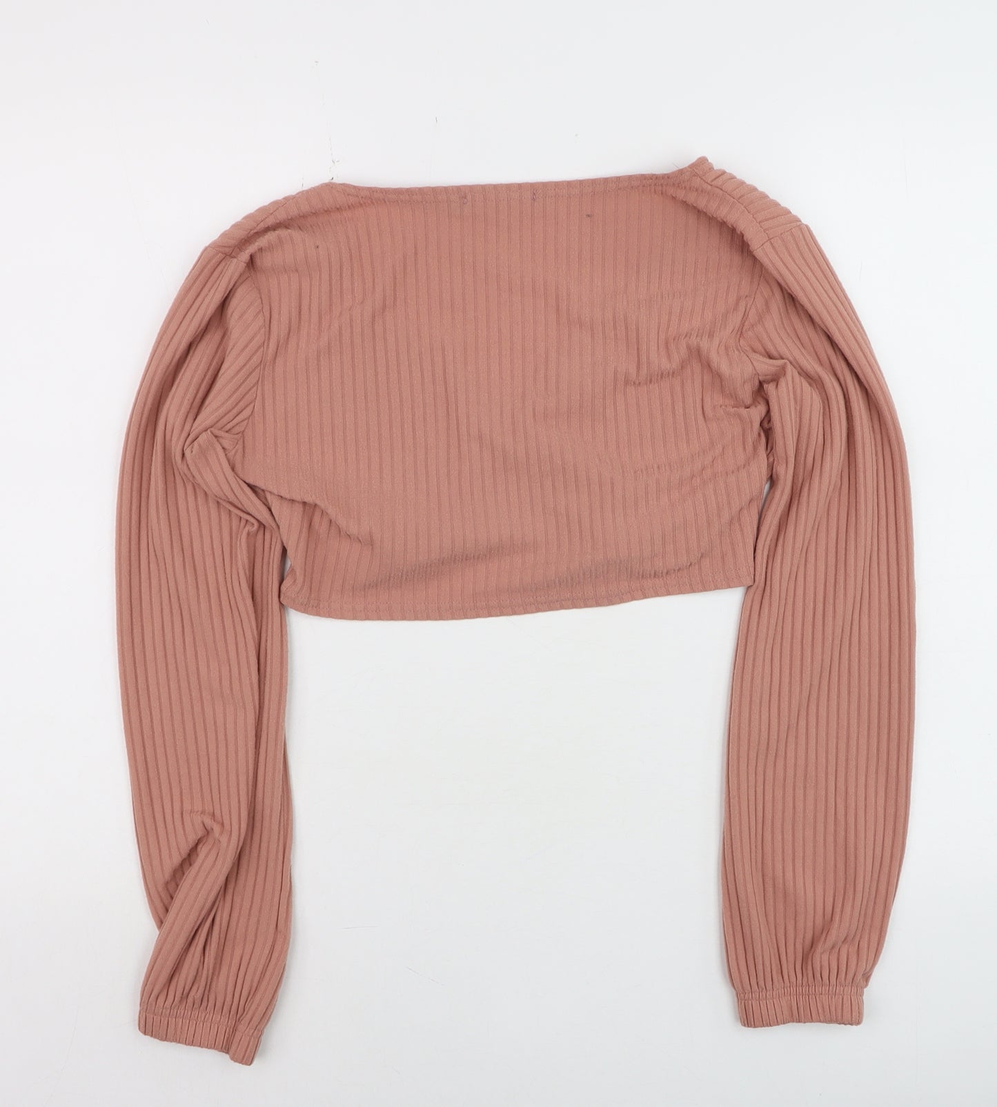 I Saw It First Womens Pink Ribbed Cropped V-Neck Long Sleeve Top Size 14