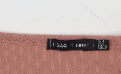 I Saw It First Womens Pink Ribbed Cropped V-Neck Long Sleeve Top Size 14