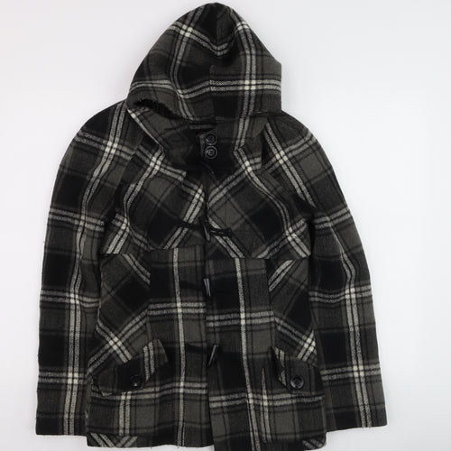 Next Women's Grey Check Hooded Duffle Coat Size 12 Wool Blend