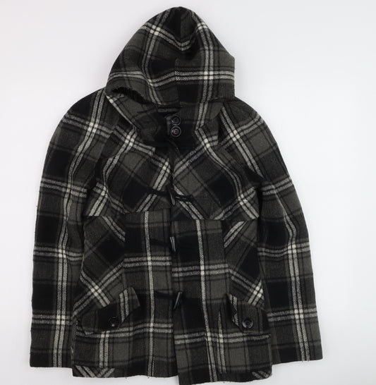 Next Women's Grey Check Hooded Duffle Coat Size 12 Wool Blend