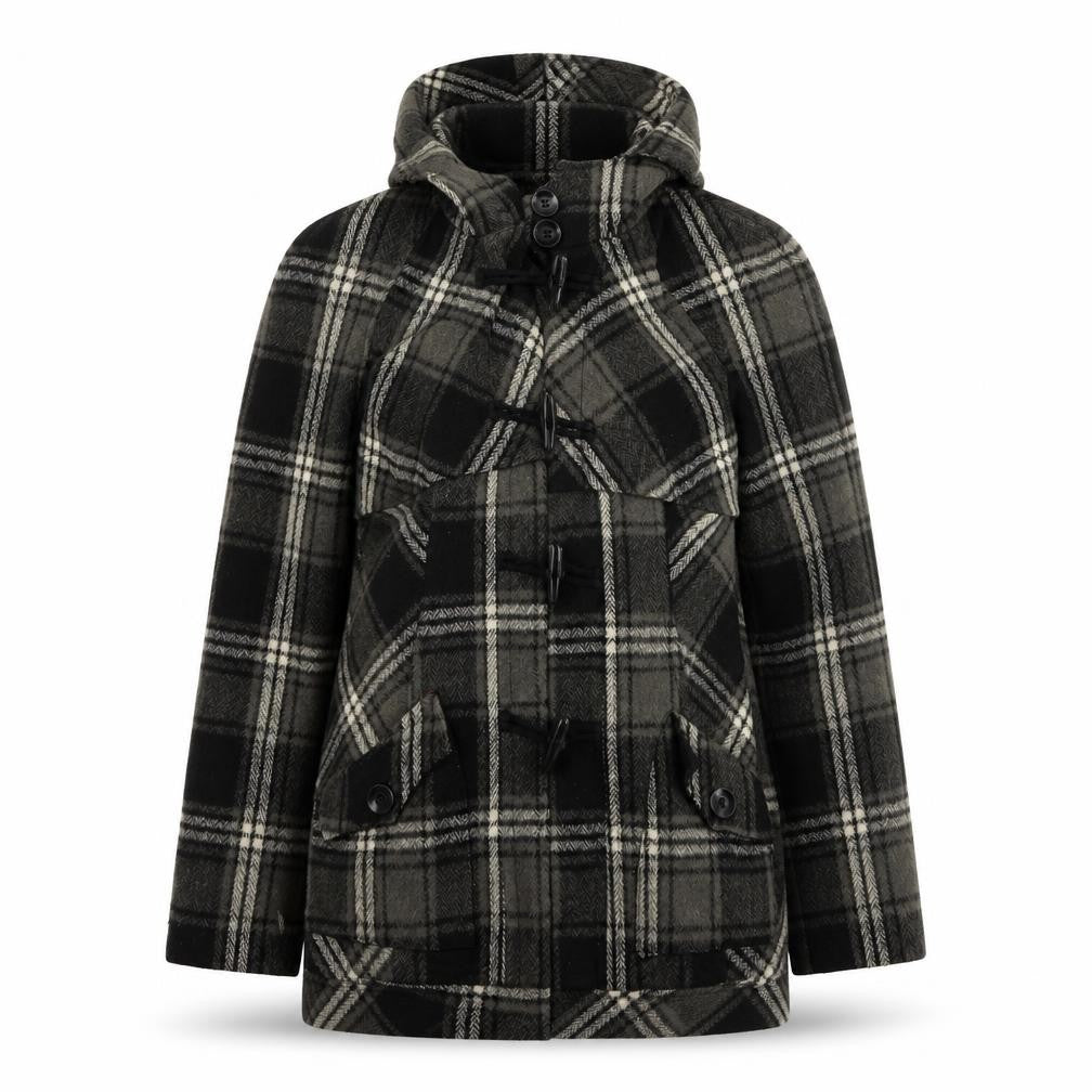 Front view of Next Women's Grey Check Hooded Duffle Coat, size 12, Wool Blend