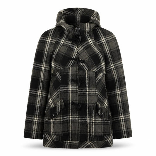 Front view of Next Women's Grey Check Hooded Duffle Coat, size 12, Wool Blend