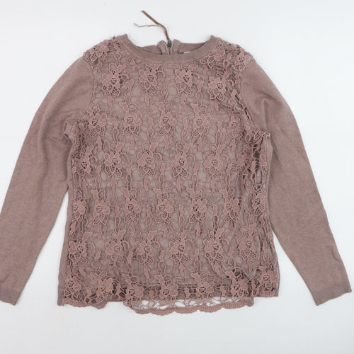 RJR John Rocha Women Brown Lace Knit Jumper Size 14 Crew Neck