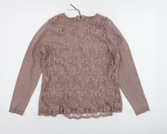 RJR John Rocha Women Brown Lace Knit Jumper Size 14 Crew Neck
