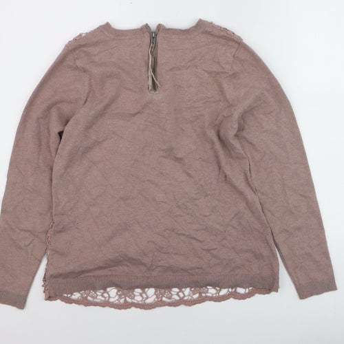 RJR John Rocha Women Brown Lace Knit Jumper Size 14 Crew Neck