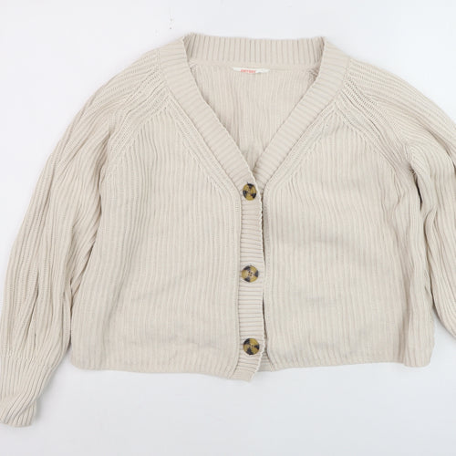 ANYDAY Women Beige Cotton V-Neck Button Cardigan Medium
