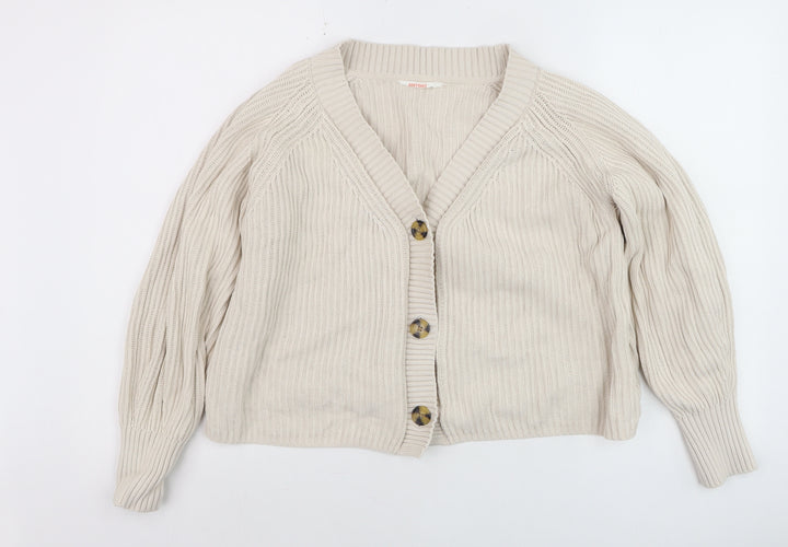 ANYDAY Women Beige Cotton V-Neck Button Cardigan Medium