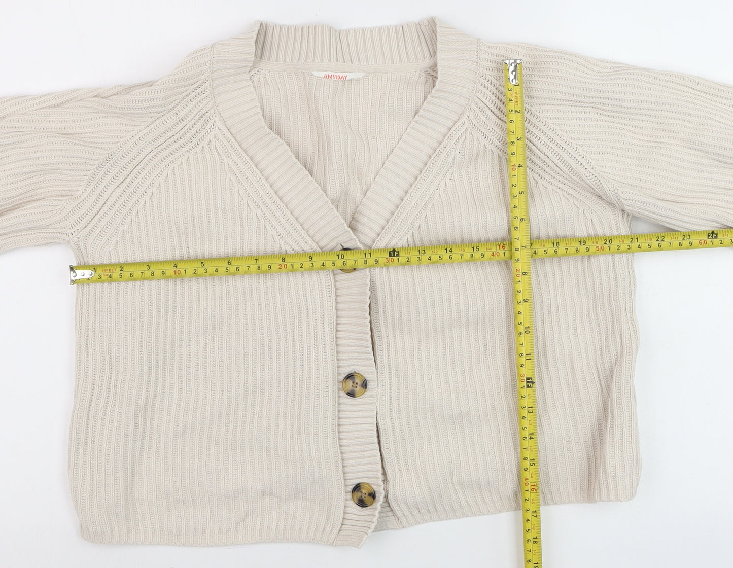 ANYDAY Women Beige Cotton V-Neck Button Cardigan Medium