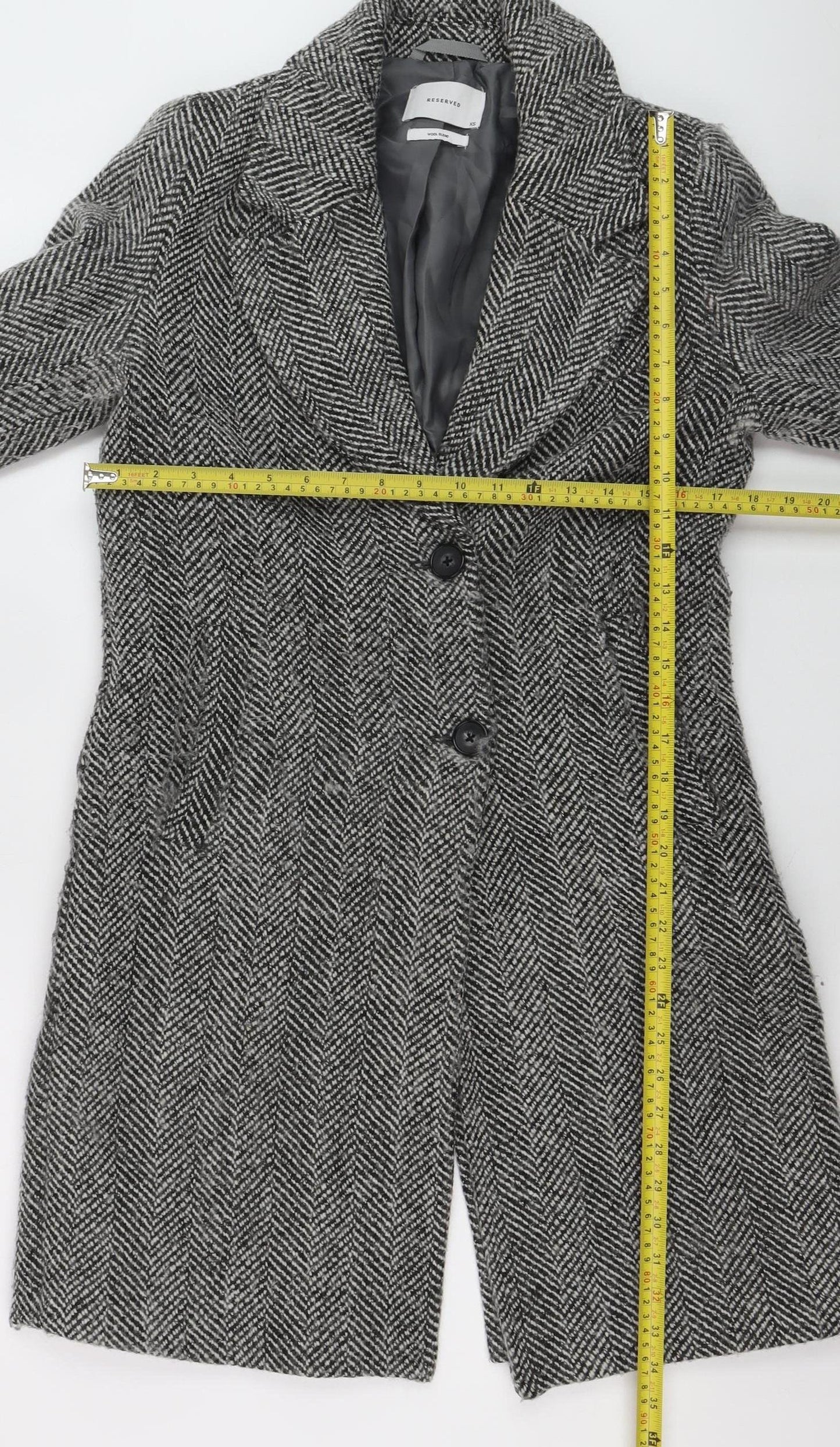 Reserved Womens Grey Herringbone Wool Blend Mid-Length Overcoat XS