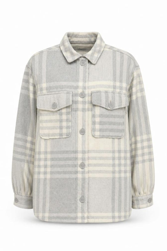 Front view of New Look women’s grey check button jacket, size UK 16