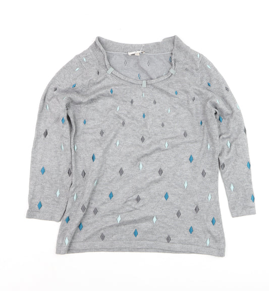 CC Women’s Grey Argyle 3/4 Sleeve Pullover Jumper Size S