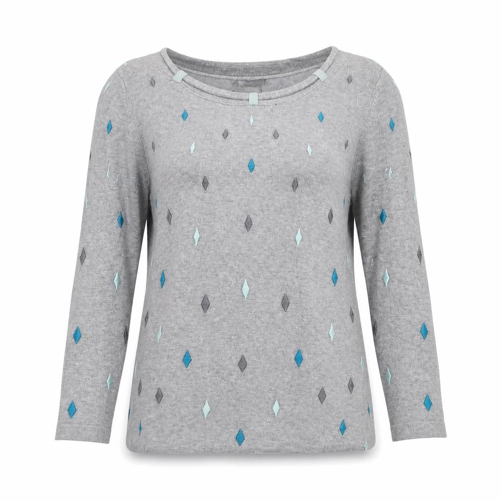 Front view of Country Casuals Women’s Grey Argyle 3/4 Sleeve jumper, size S
