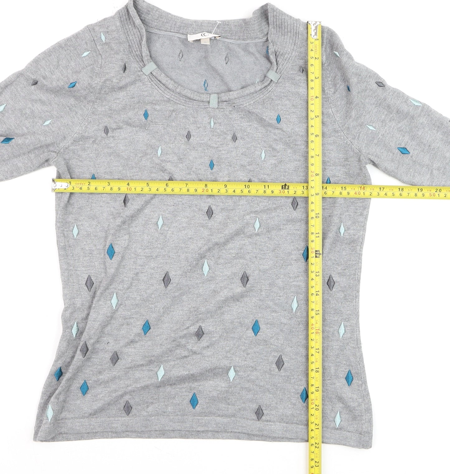 CC Women’s Grey Argyle 3/4 Sleeve Pullover Jumper Size S