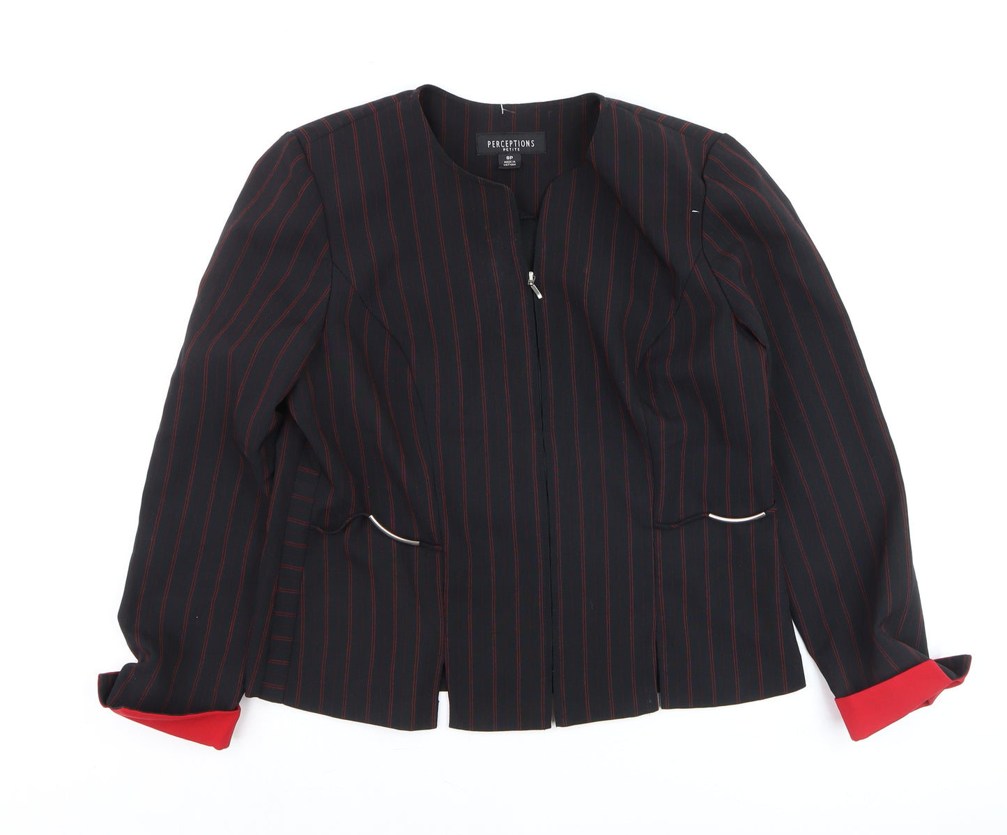 Perceptions Women’s Black Red Striped Petite 8 Zip Front Blazer