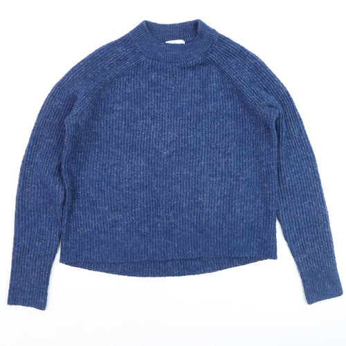 H&M Women Blue Mock Neck Rib-Knit Acrylic Jumper S