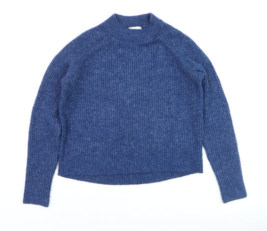 H&M Women Blue Mock Neck Rib-Knit Acrylic Jumper S