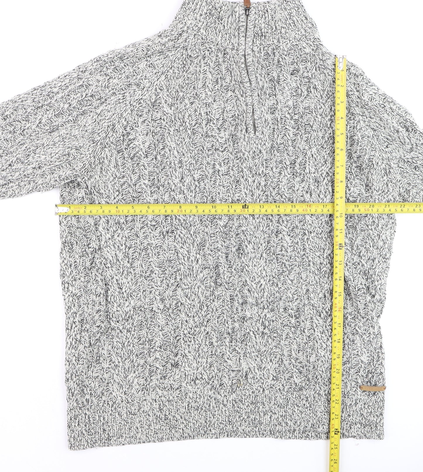 Pier One Men's Grey XL High Neck Wool Blend 1/2 Zip Cable Knit Jumper