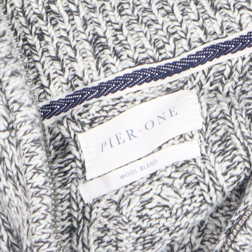 Pier One Men's Grey XL High Neck Wool Blend 1/2 Zip Cable Knit Jumper