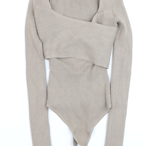 Abercrombie & Fitch Women Beige XS Ribbed Cropped Bodysuit Top