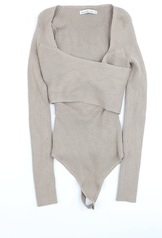 Abercrombie & Fitch Women Beige XS Ribbed Cropped Bodysuit Top