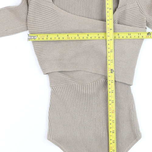 Abercrombie & Fitch Women Beige XS Ribbed Cropped Bodysuit Top