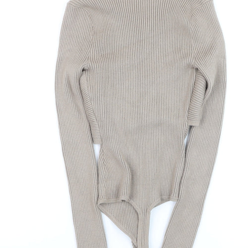 Abercrombie & Fitch Women Beige XS Ribbed Cropped Bodysuit Top