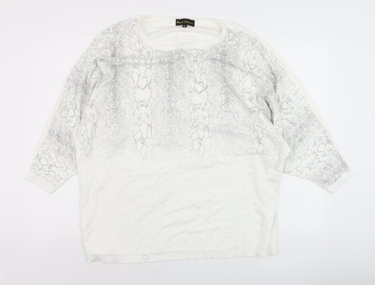 Frank Usher Womens White Rhinestone Snake Print Pullover Jumper XL