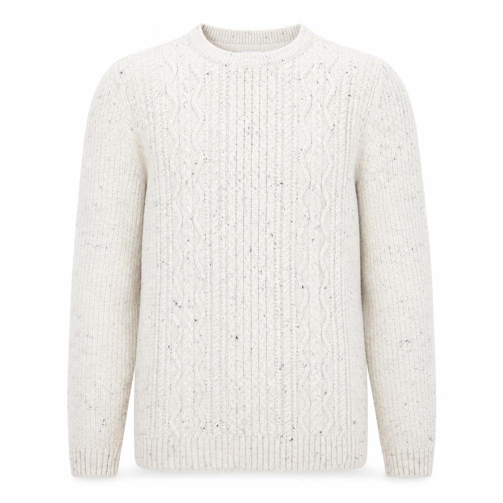 Front view of River Island men’s beige cable-knit crew neck jumper, size L
