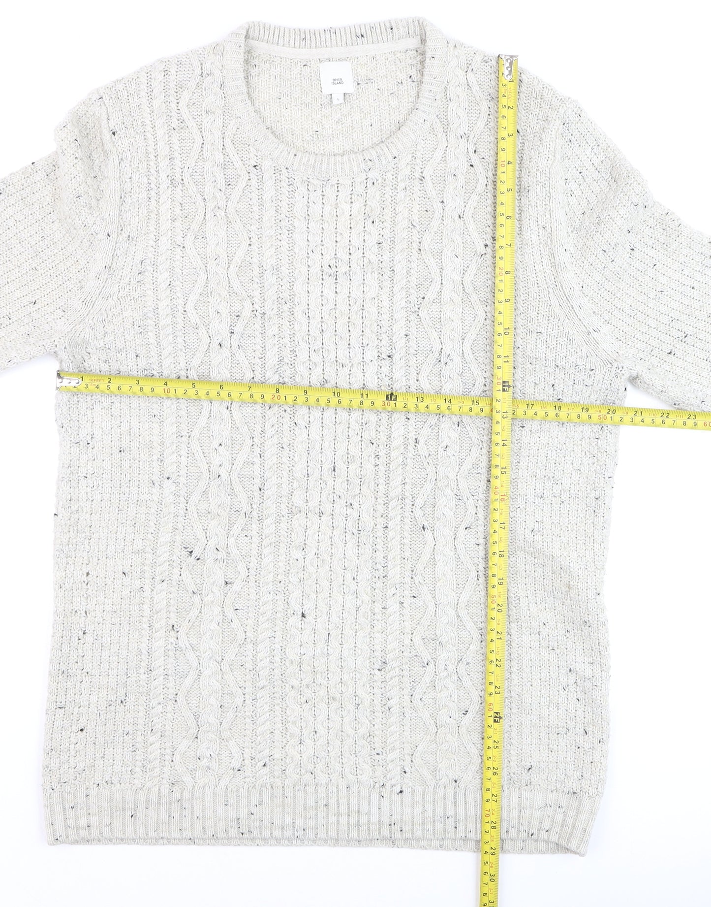 River Island Mens Beige Cable-Knit Crew Neck Jumper Size L