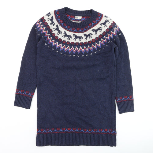 FatFace Girls Blue Fair Isle Knit Sweater Dress 11-12 Years Winter Casual