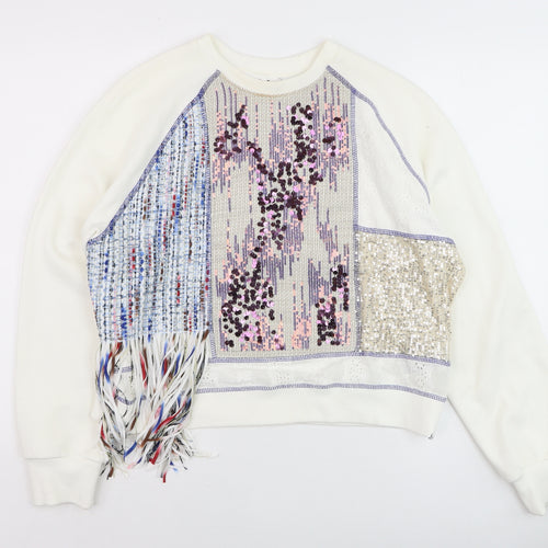 Desigual Women White Sequin Fringe Pullover Jumper Size L