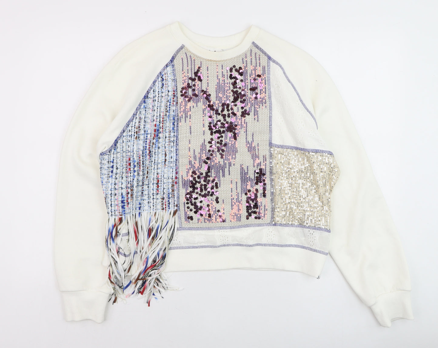 Desigual Women White Sequin Fringe Pullover Jumper Size L