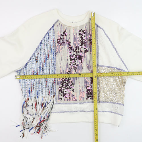 Desigual Women White Sequin Fringe Pullover Jumper Size L