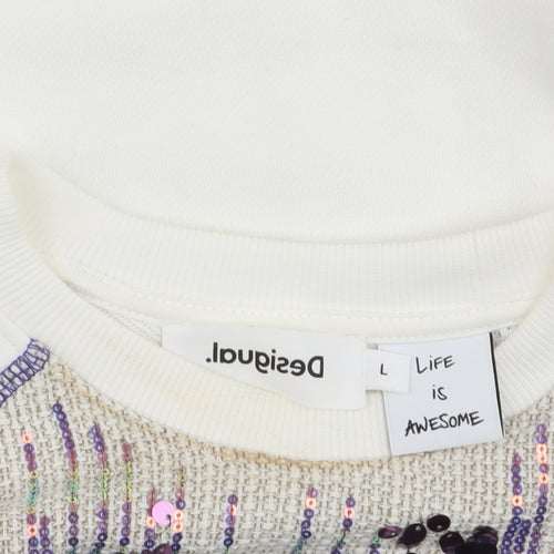 Desigual Women White Sequin Fringe Pullover Jumper Size L