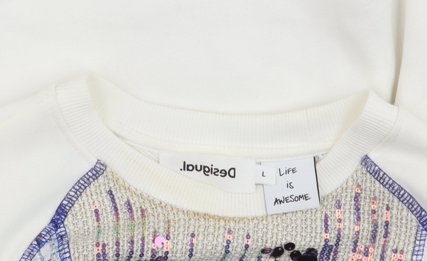 Desigual Women White Sequin Fringe Pullover Jumper Size L