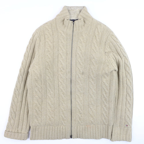 Tommy Hilfiger Men Beige Cable-Knit Full Zip Wool Cardigan L