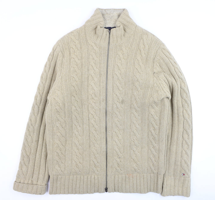 Tommy Hilfiger Men Beige Cable-Knit Full Zip Wool Cardigan L